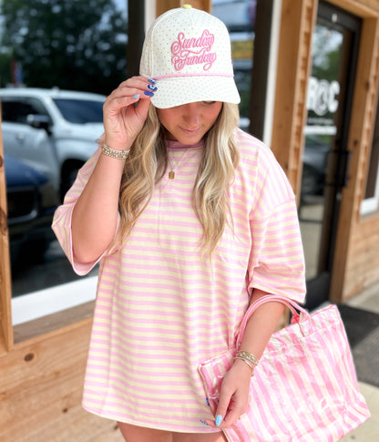 STRIPED OVERSIZED SHORT SLEEVE TOP : CREAM/PINK
