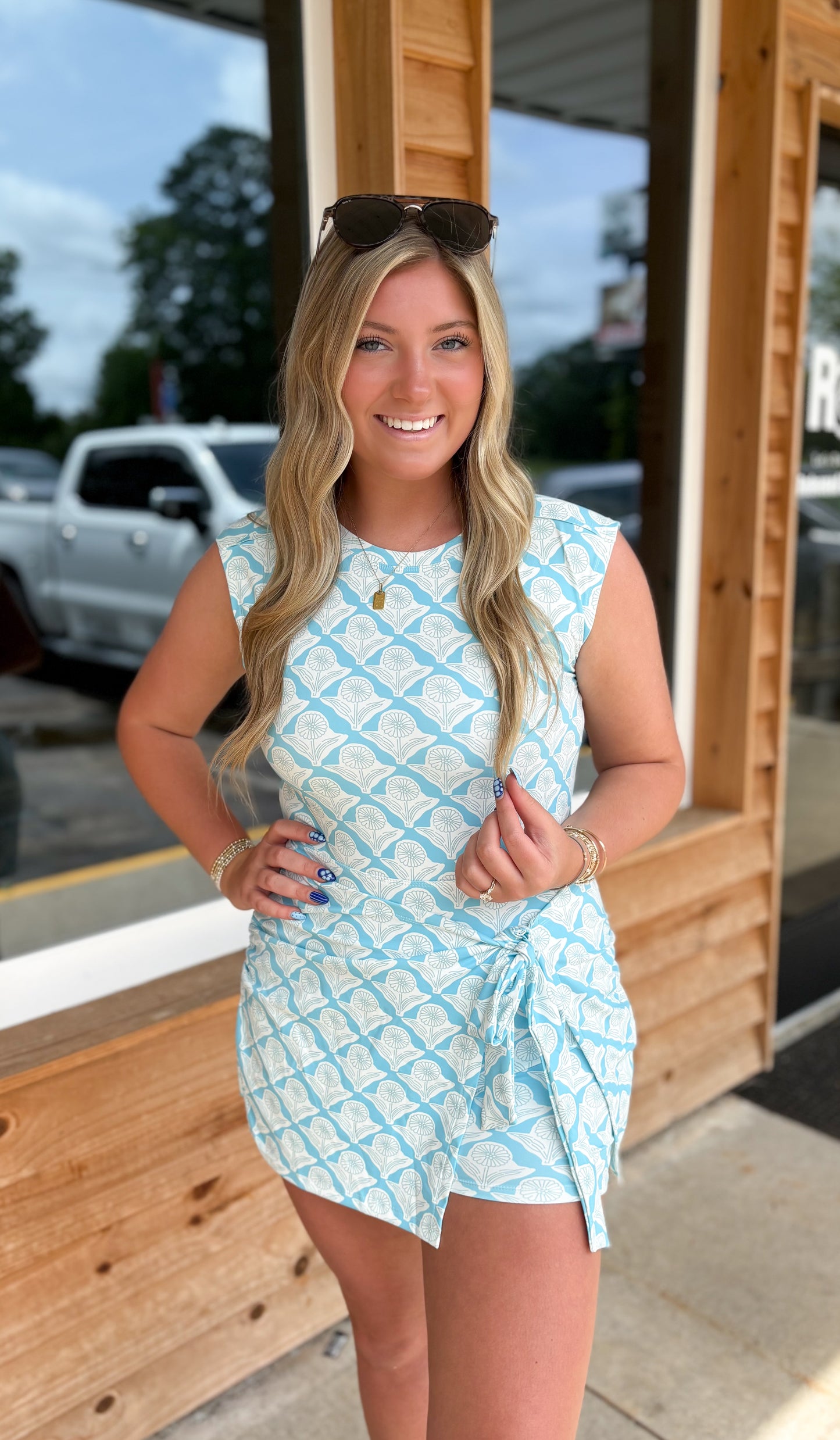 Print Warp Front Side Tie Detail Mini Dress: Blue