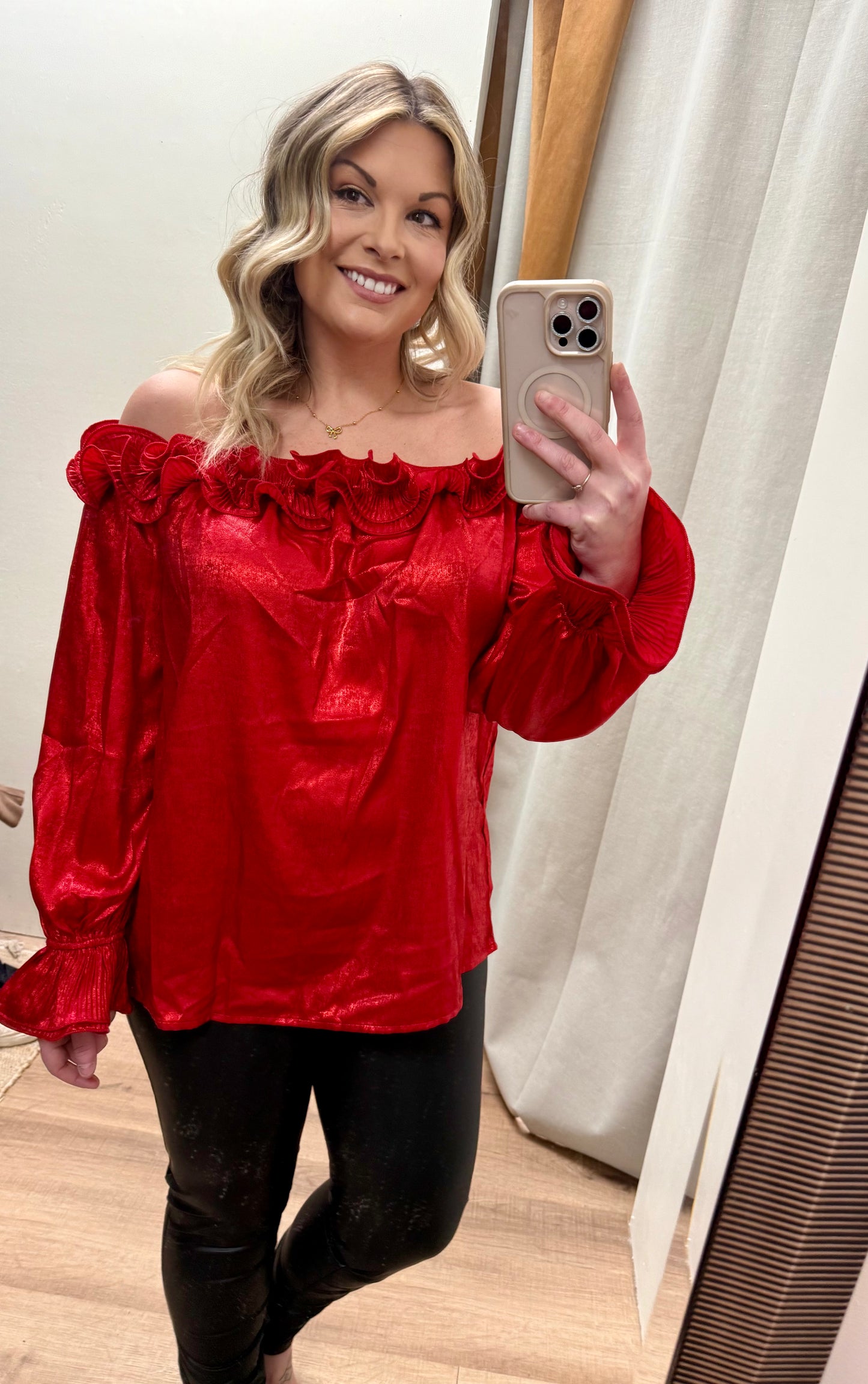 Pleated Ruffle Off-The-Shoulder Metallic Blouse VT60262B: Red