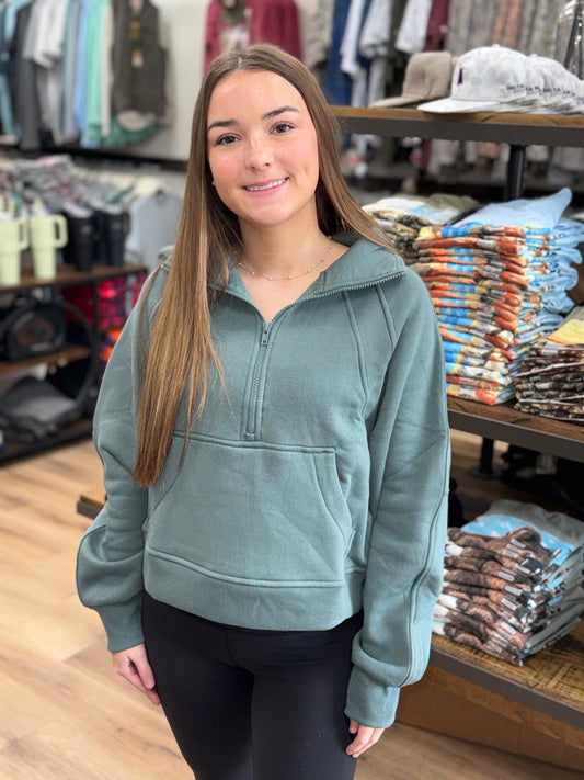 Fleece Half Zip Kangaroo Pocket Sweatshirts - OT-4360Y - Ash Jade