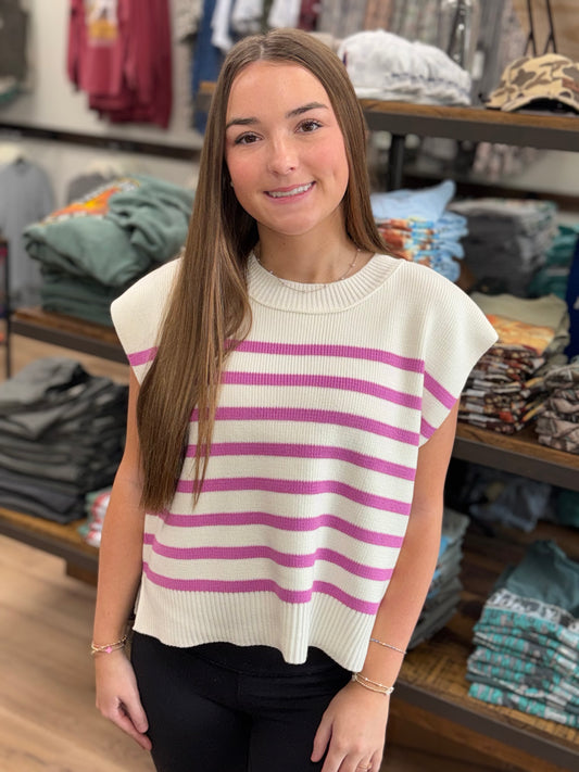 OVERSIZED CREW NECK STRIPE SWEATER VEST - Bright Mauve - TW-2530Y