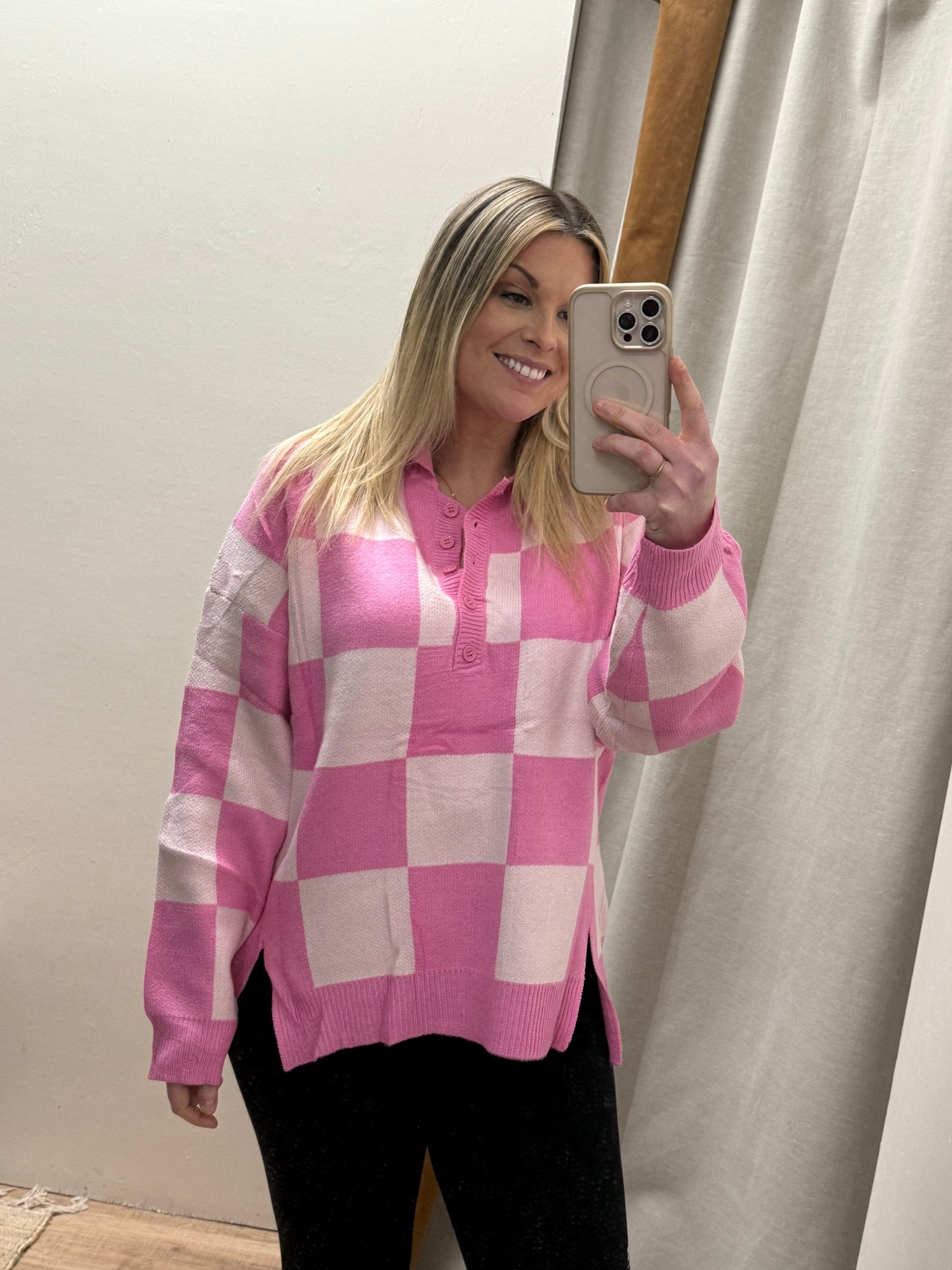 Checkerboard Half Button Collared Drop Shoulder Sweater: Pink