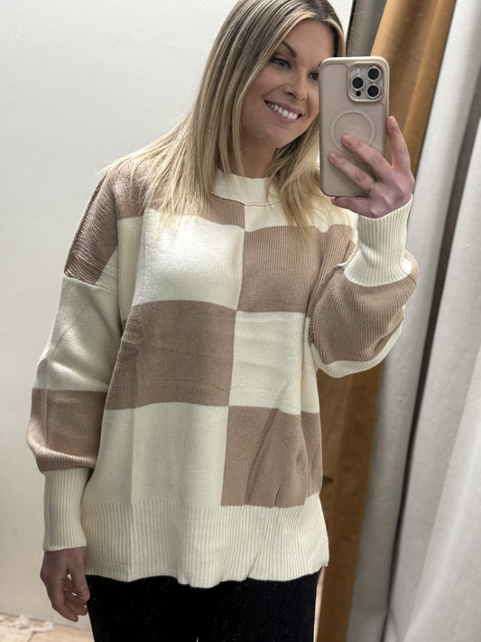 Checkered Side Slits Drop Shoulder Oversized Sweater: Khaki