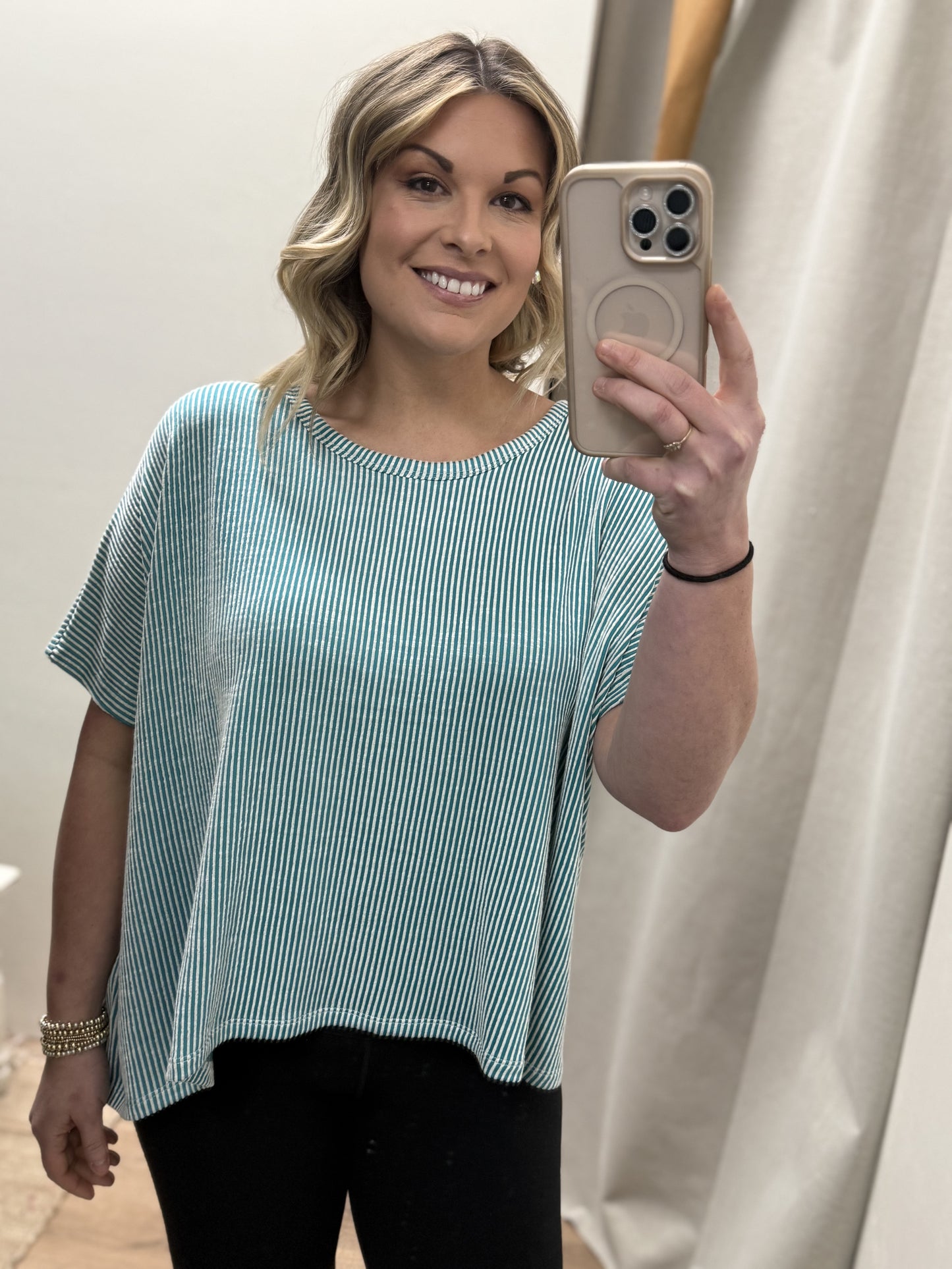 Ribbed Oversized Short Sleeve Top - LT Teal - RRT- 8391A