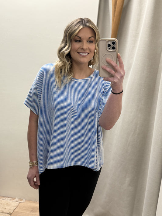 Ribbed Oversized Short Sleeve Top - Ocean Blue - RRT- 8391A