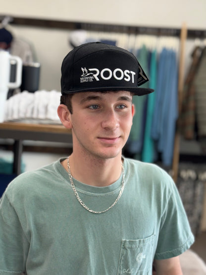 ROOST 7 Panel Black Out 3D Puff White Logo Hat