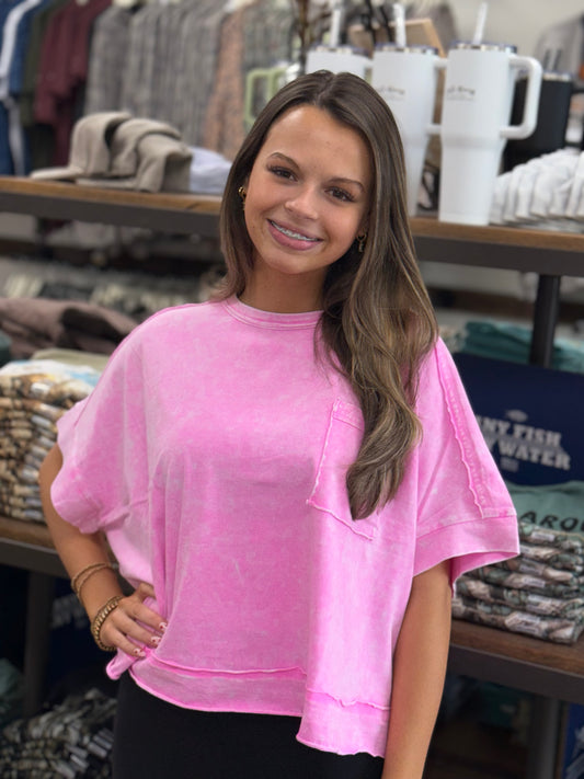 Halo Snow Washed Oversized Crop Box Tee - Pink- CTW- 3390A5