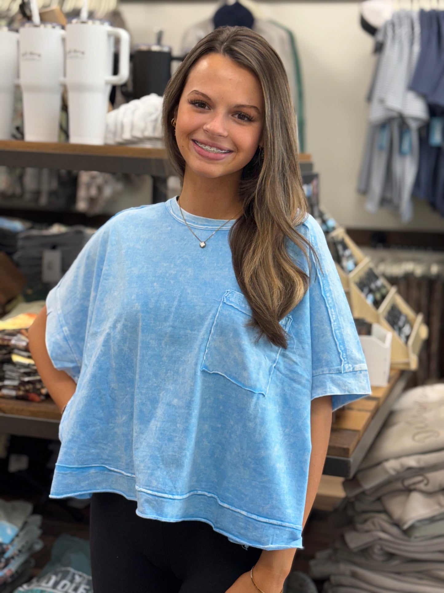 Halo Snow Washed Oversized Crop Box Tee - Sky Blue - CTW- 3390A5