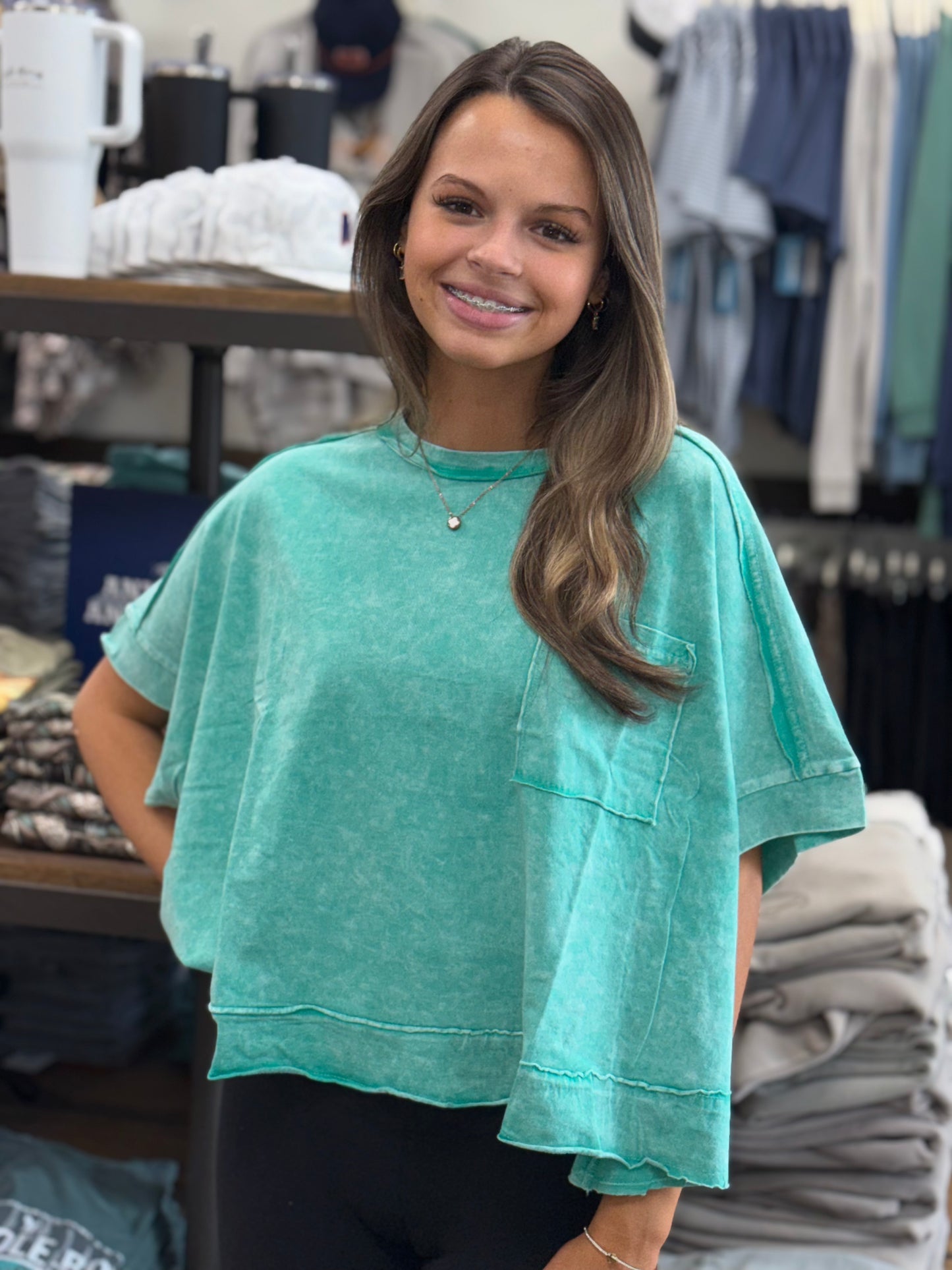 Halo Snow Washed Oversized Crop Box Tee - K Green - CTW- 3390A5