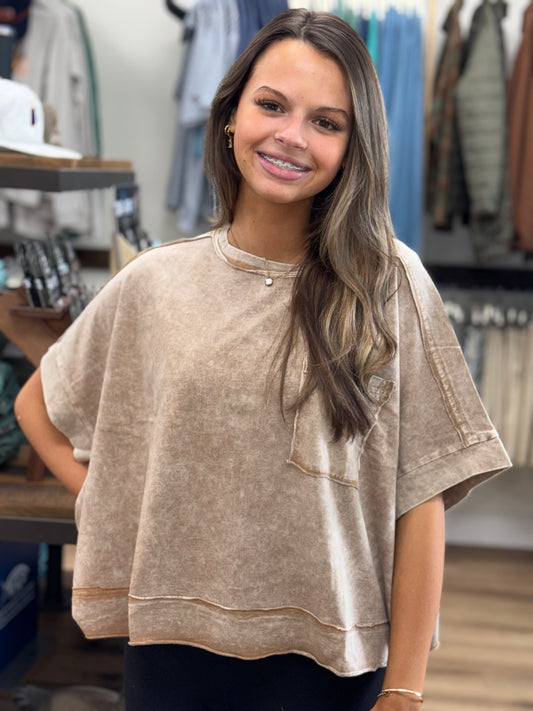 Halo Snow Washed Oversized Crop Box Tee - Brown - CTW- 3390A5