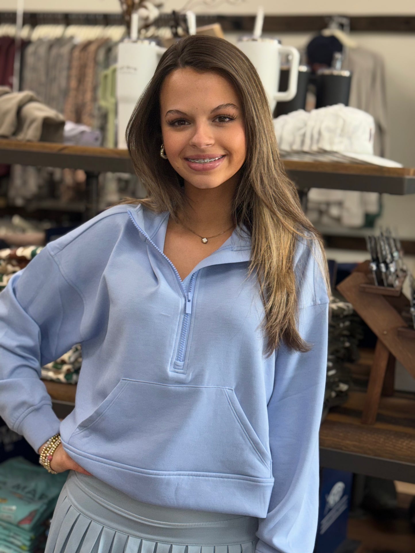 Scuba Half Zip Pullover with Kangaroo Pocket - Icey Blue ROT- 4069Y