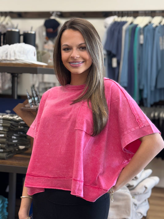 Halo Snow Washed Oversized Crop Box Tee - Red - CTW- 3390A5