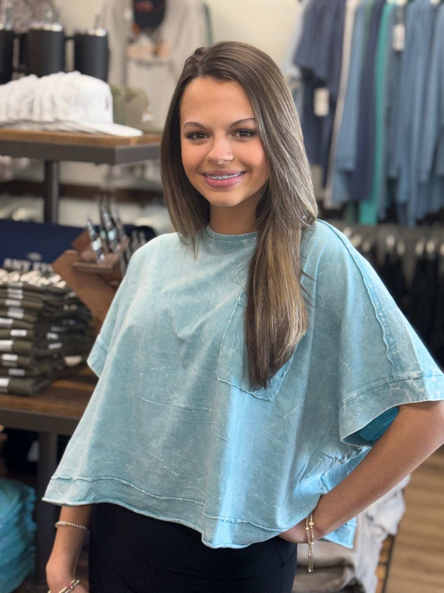 Acid Crinkle-Washed Oversized Crop Box Tee - Dusty Teal - CTW-3389A5