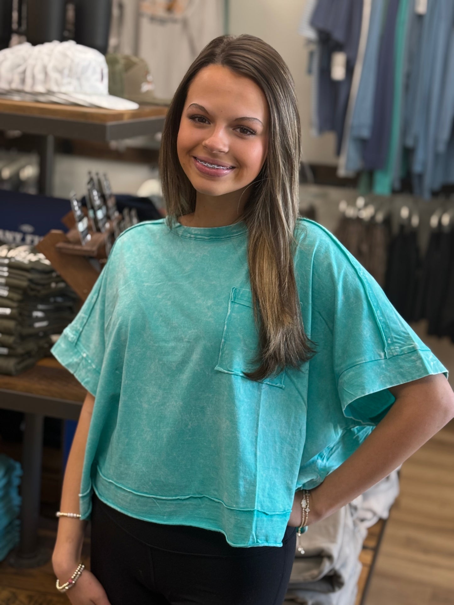 Acid Crinkle-Washed Oversized Crop Box Tee - Turquoise - CTW-3389A5