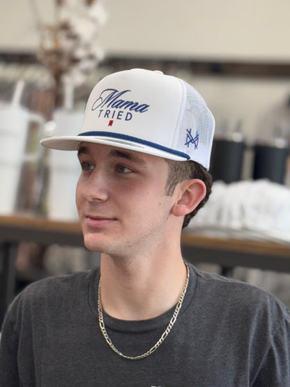 MHC Mama Tried Ultra Trucker Hat: 6006 White/ Blue Rope