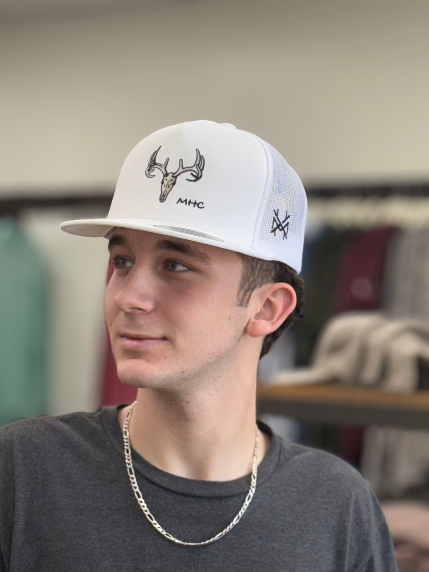 MHC Deer Skull Trucker Hat: 6006 Yupoong White