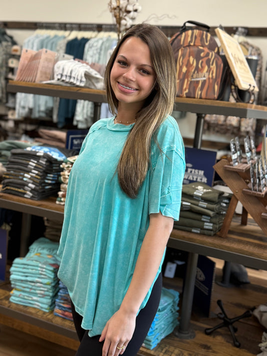 WASHED RIBBED SHORT SLEEVE BOAT-NECK TOP - Turquoise - RTW- 8393A