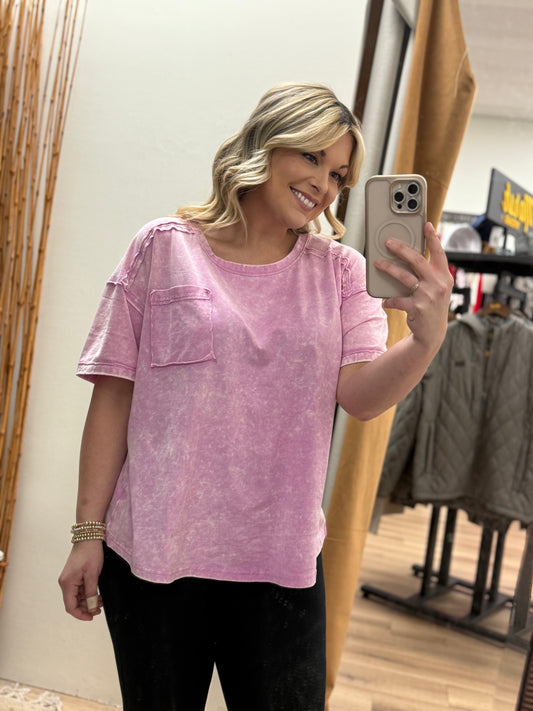 Plus Size Acid Washed Round Neck T-shirts - Mauve - CTW-3402X5