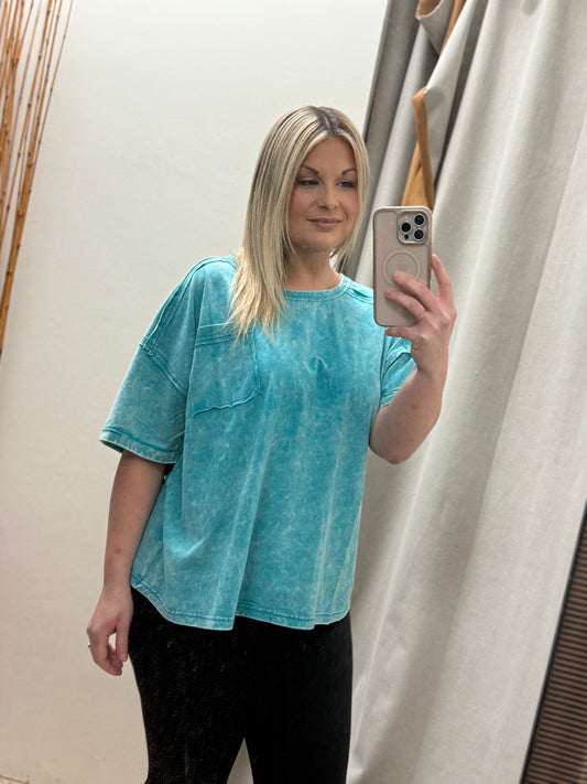 Plus Size Acid Washed Round Neck T-shirts - Lt Teal - CTW-3402X5
