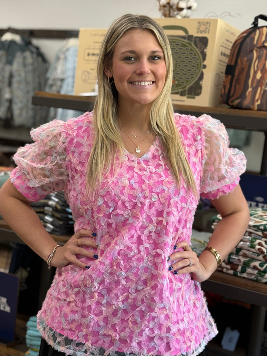 Floral Mesh Puff Sleeve Blouse: Bonbon