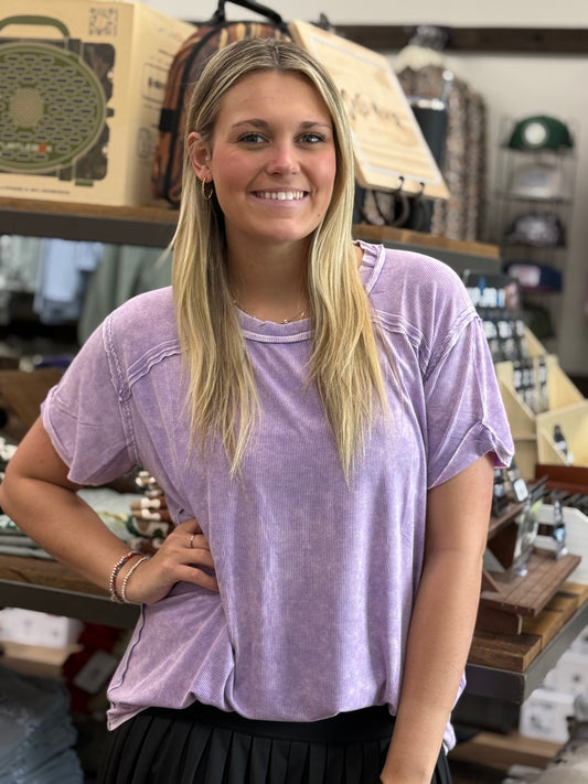 WASHED RIBBED SHORT SLEEVE BOAT-NECK TOP - Lavender - RTW- 8393A