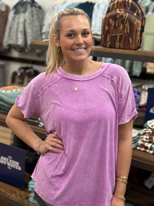 WASHED RIBBED SHORT SLEEVE BOAT-NECK TOP - Bright Mauve - RTW- 8393A