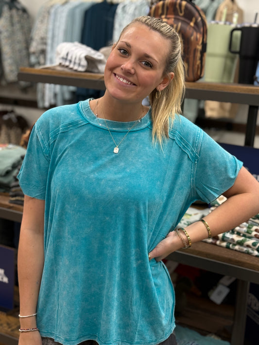 WASHED RIBBED SHORT SLEEVE BOAT-NECK TOP - Lt Teal - RTW- 8393A