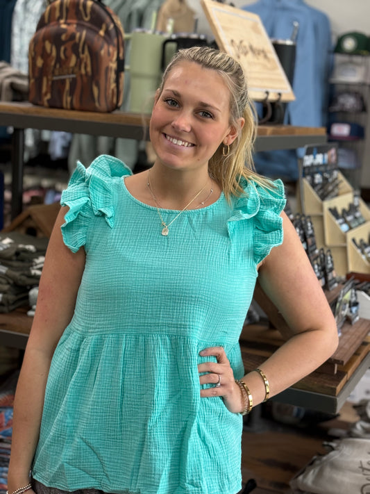 Double Gauze Acid Washed Tiered Ruffle Peplum - Mint - QTW- 7242Y