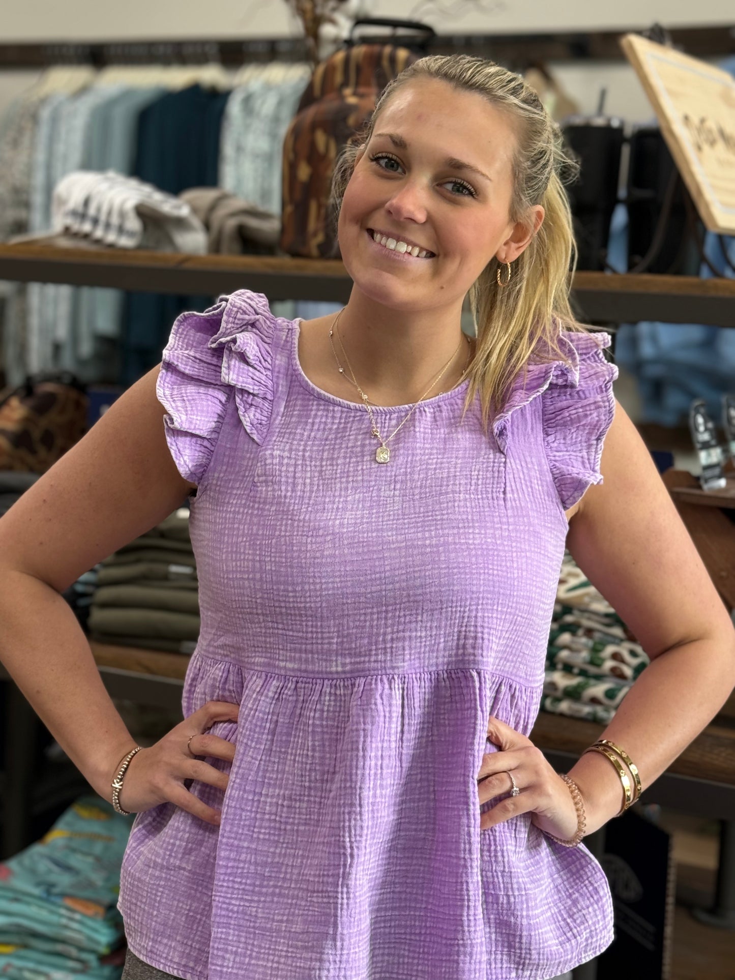 Double Gauze Acid Washed Tiered Ruffle Peplum - Lavender - QTW- 7242Y