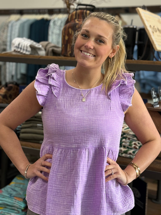Double Gauze Acid Washed Tiered Ruffle Peplum - Lavender - QTW- 7242Y