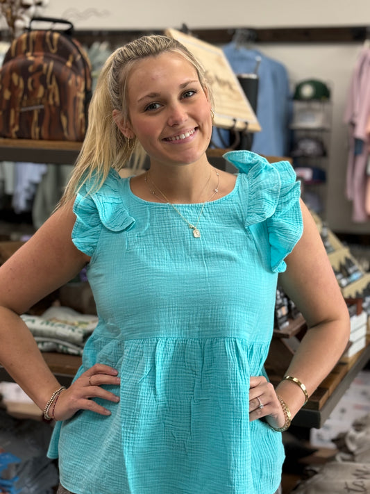 Double Gauze Acid Washed Tiered Ruffle Peplum - Mint Sky - QTW- 7242Y