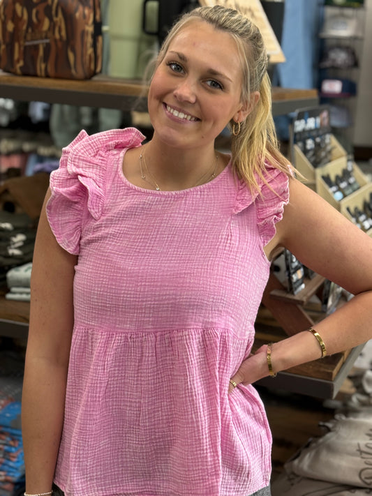 Double Gauze Acid Washed Tiered Ruffle Peplum - Candy Pink - QTW- 7242Y