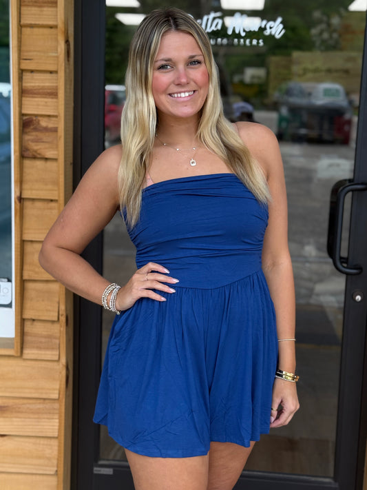 DOUBLE LAYERED STRAPLESS TUBE TOP ROMPER - Lt Navy