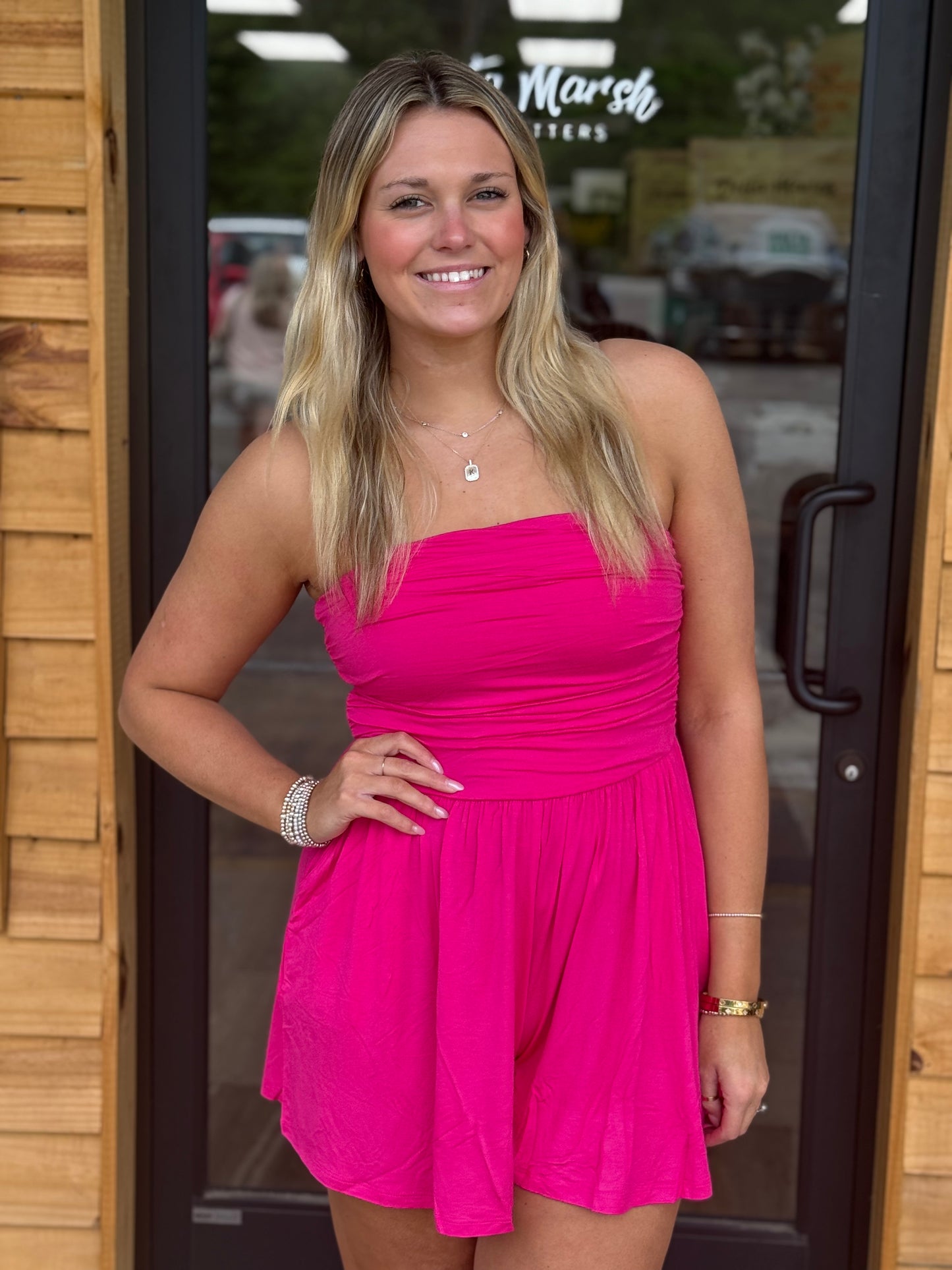 DOUBLE LAYERED STRAPLESS TUBE TOP ROMPER - Hot Pink