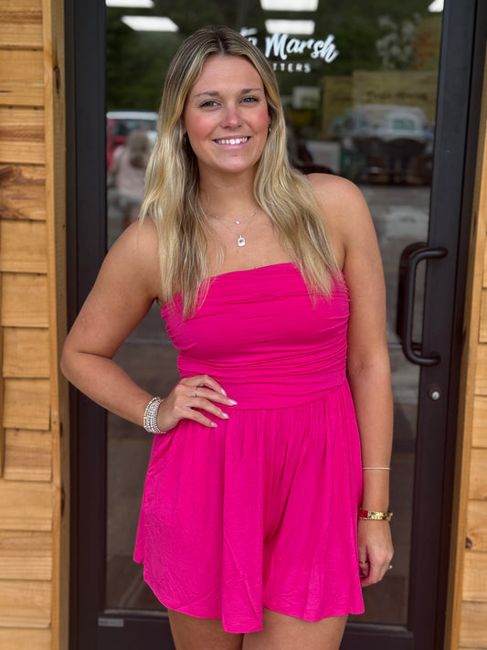 DOUBLE LAYERED STRAPLESS TUBE TOP ROMPER - Hot Pink