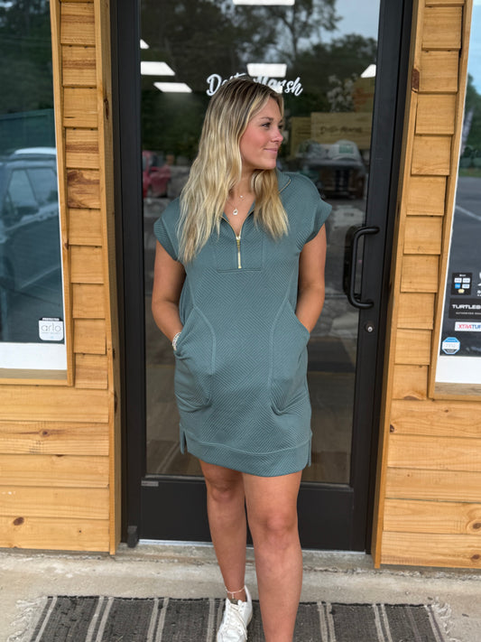 Textured Knit Jacquard Quarter Zipper Mini Dress - Ash Jade