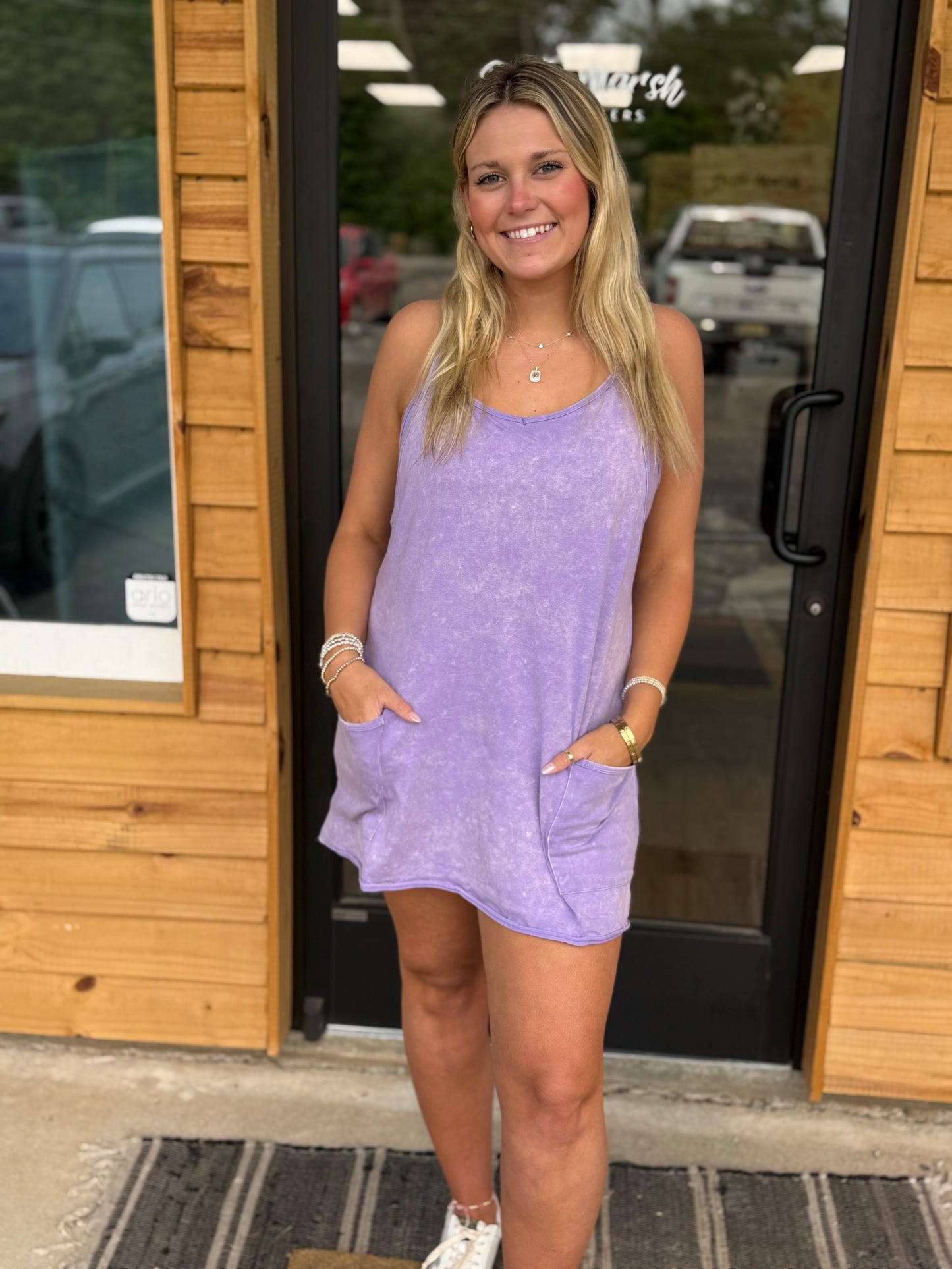 Acid Wash Mini Dress With Built-In Romper Liner - Lavender - CS- 3405A5