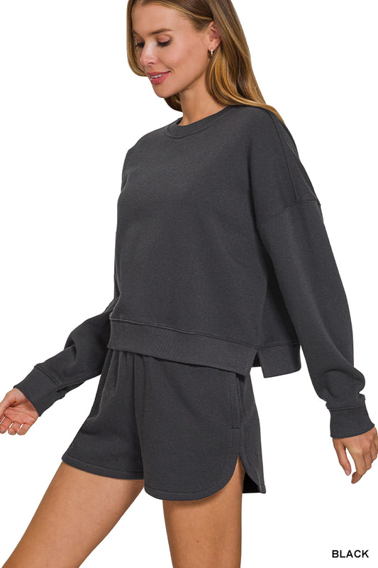Fleece Long Sleeve Sweatshirts & Shorts Set - Black -OTOP-4389
