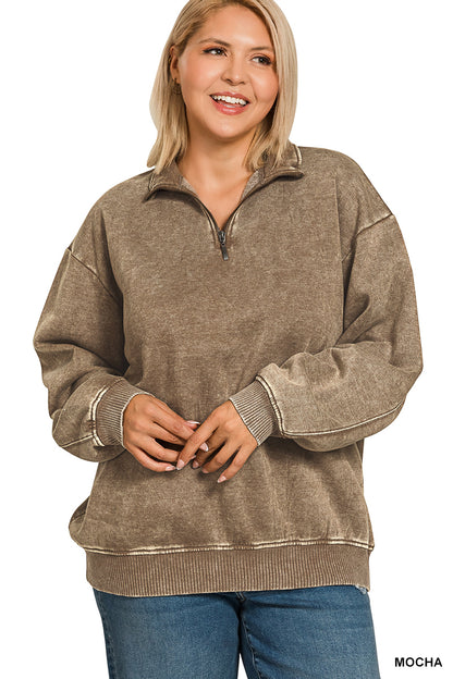 Plus Size Acid Wash Fleece Half Zip Pullover - Mocha