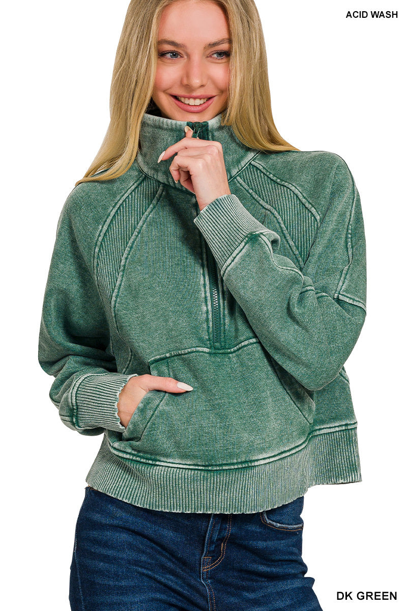 Acid washed half zip fleece pullover kangaroo pocket - DK Green