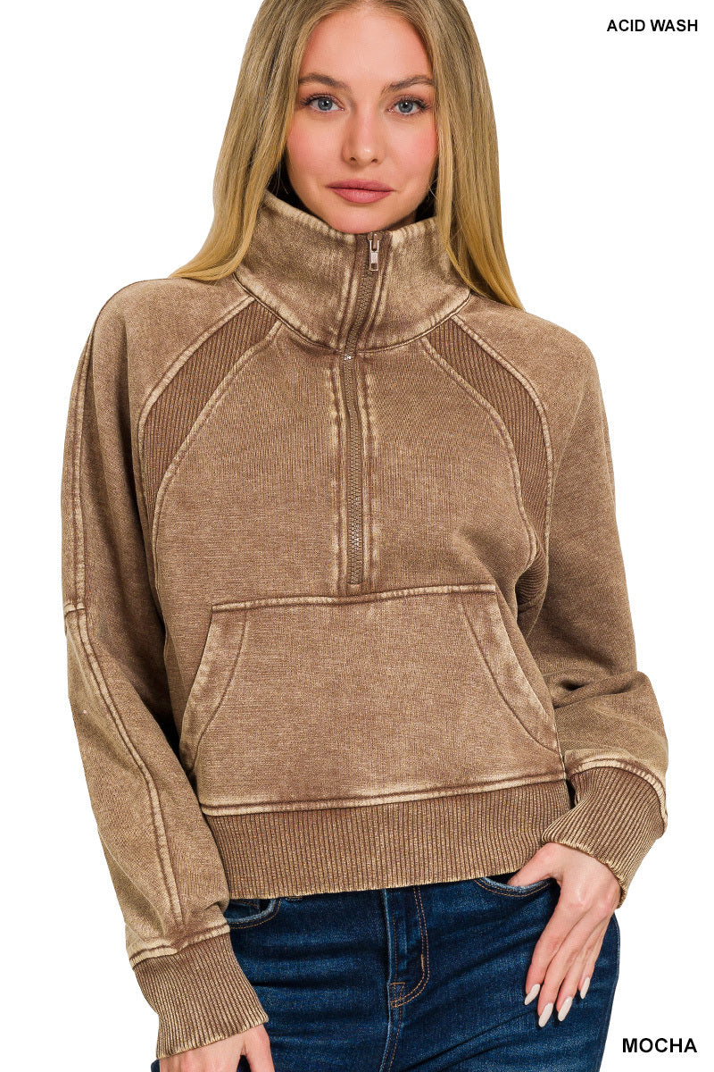 Acid washed half zip fleece pullover kangaroo pocket - Mocha