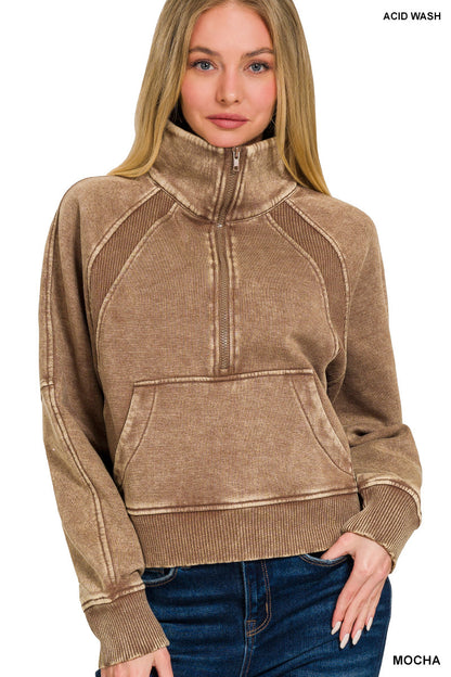 Acid washed half zip fleece pullover kangaroo pocket - Mocha