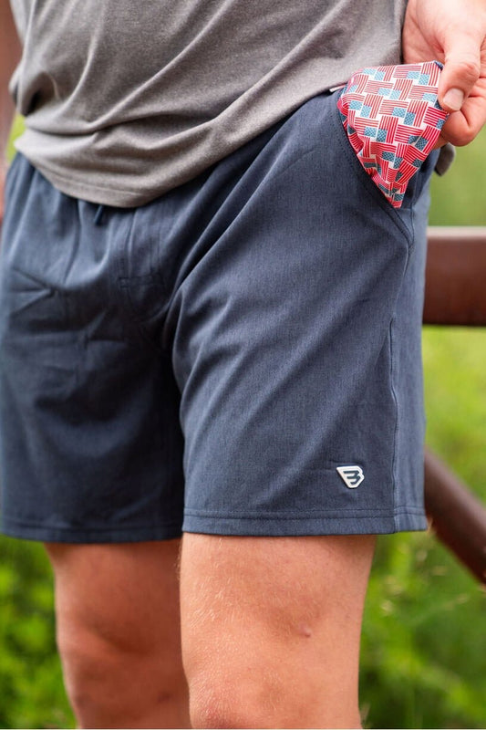 BURLEBO 5.5" Athletic Short - Heather Navy - American Flag Liner