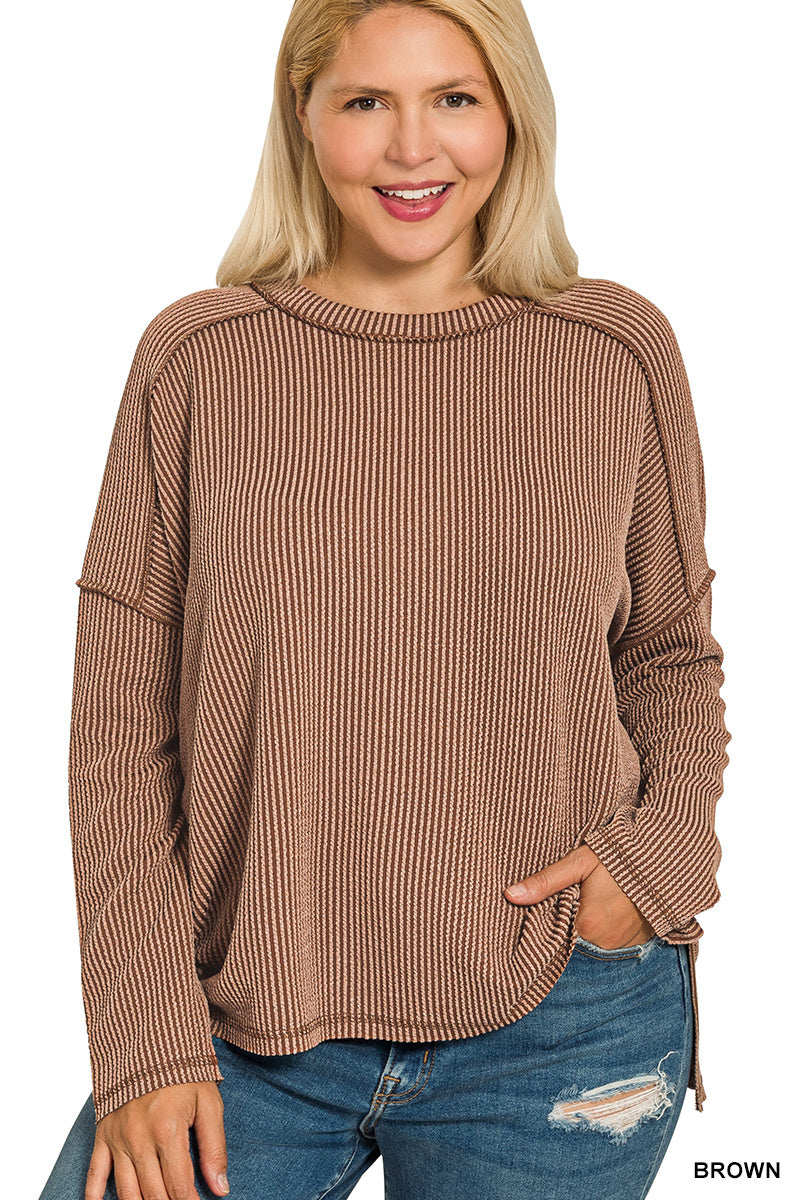 Plus raised rib raw edge boat neck long sleeve top - Brown