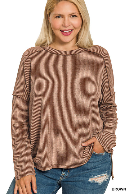 Plus raised rib raw edge boat neck long sleeve top - Brown