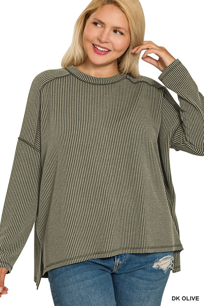 Plus raised rib raw edge boat neck long sleeve top - Dark Olive