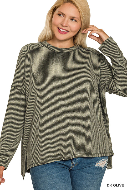 Plus raised rib raw edge boat neck long sleeve top - Dark Olive