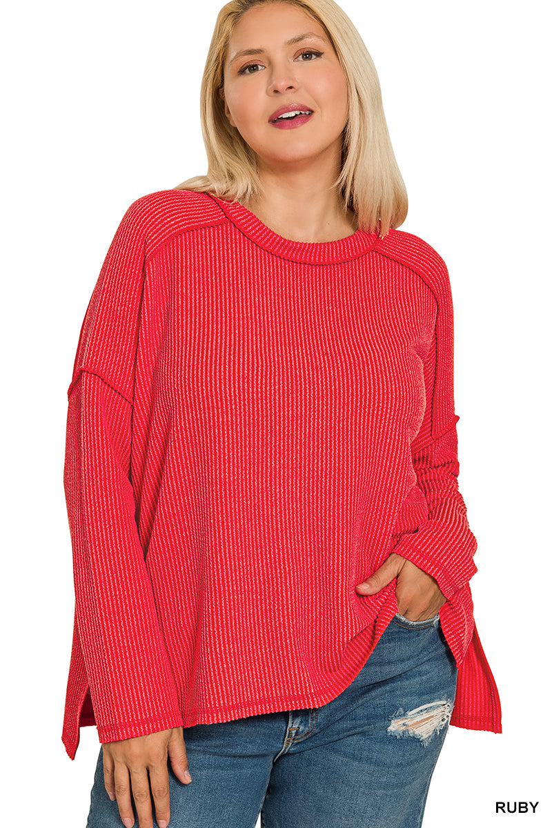Plus raised rib raw edge boat neck long sleeve top - Ruby