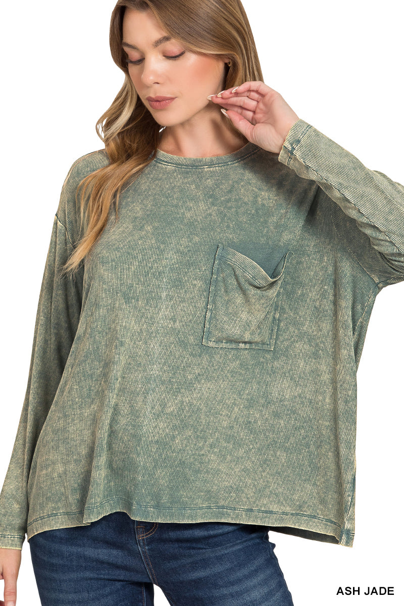 Washed Ribbed Dolman Sleeve Round Neck Top - Ash Jade - RTW-8444A