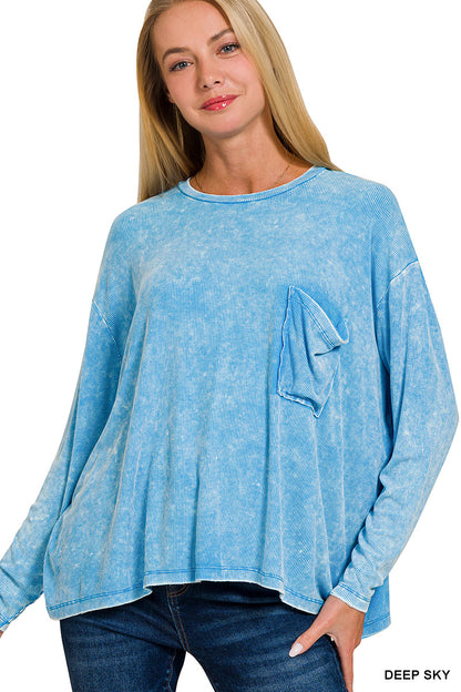 Washed Ribbed Dolman Sleeve Round Neck Top - Deep Sky - RTW-8444A